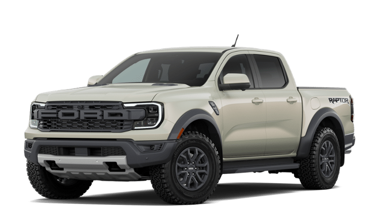 2026 Ford Ranger Raptor in Desert Sand — front three-quarter view
